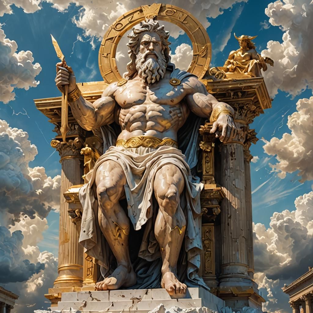 Zeus Statue in Ancient Library, Digital Photoillustration