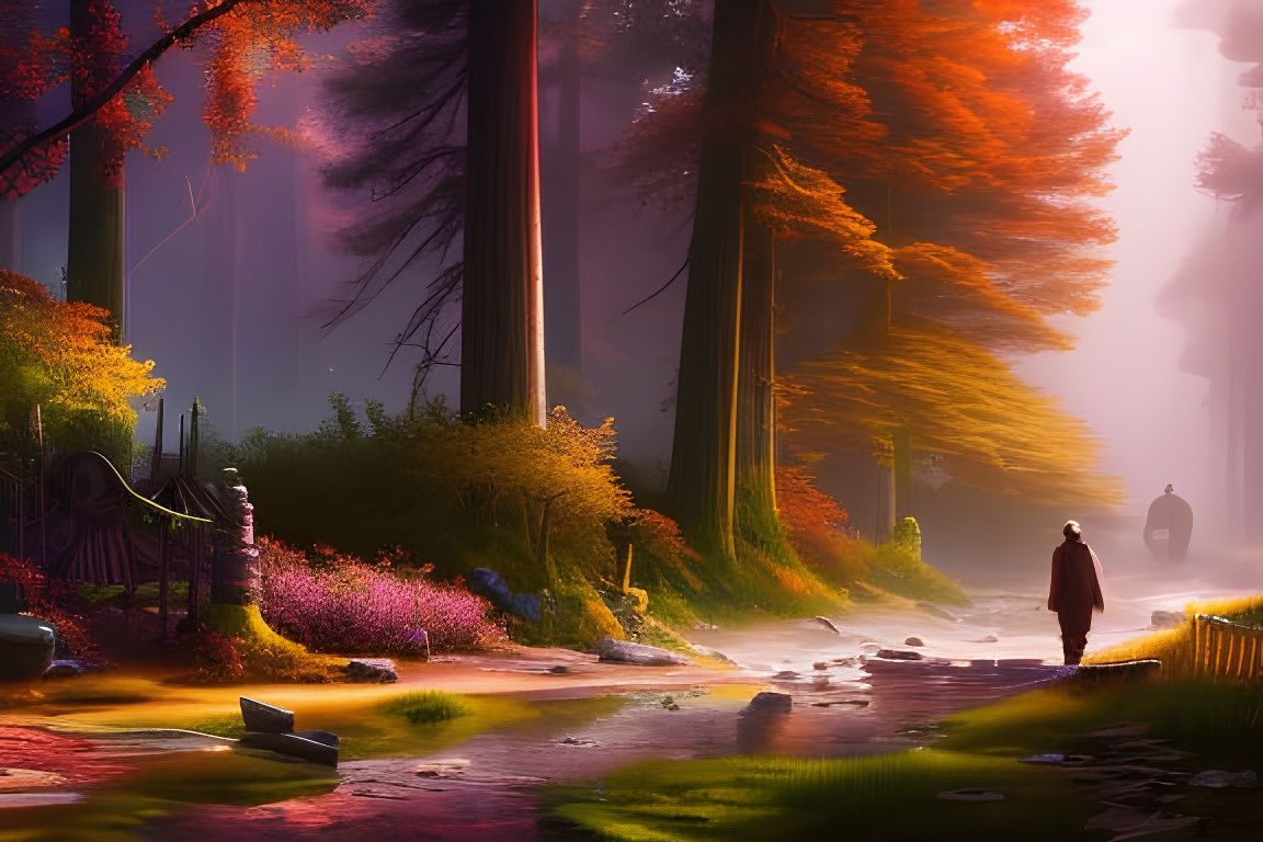 Stained Glass Cottage in Deep Woods: Digital Art