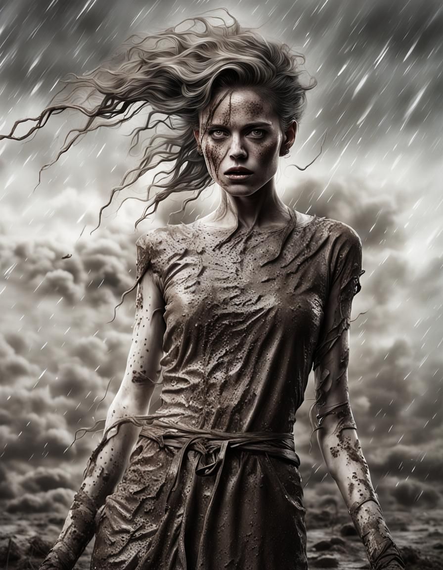 Muddy Woman in Latex Dress: Surreal Monochrome Photo