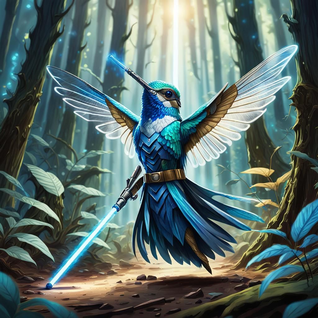 Hummingbird Jedi Knight in Mystical Forest