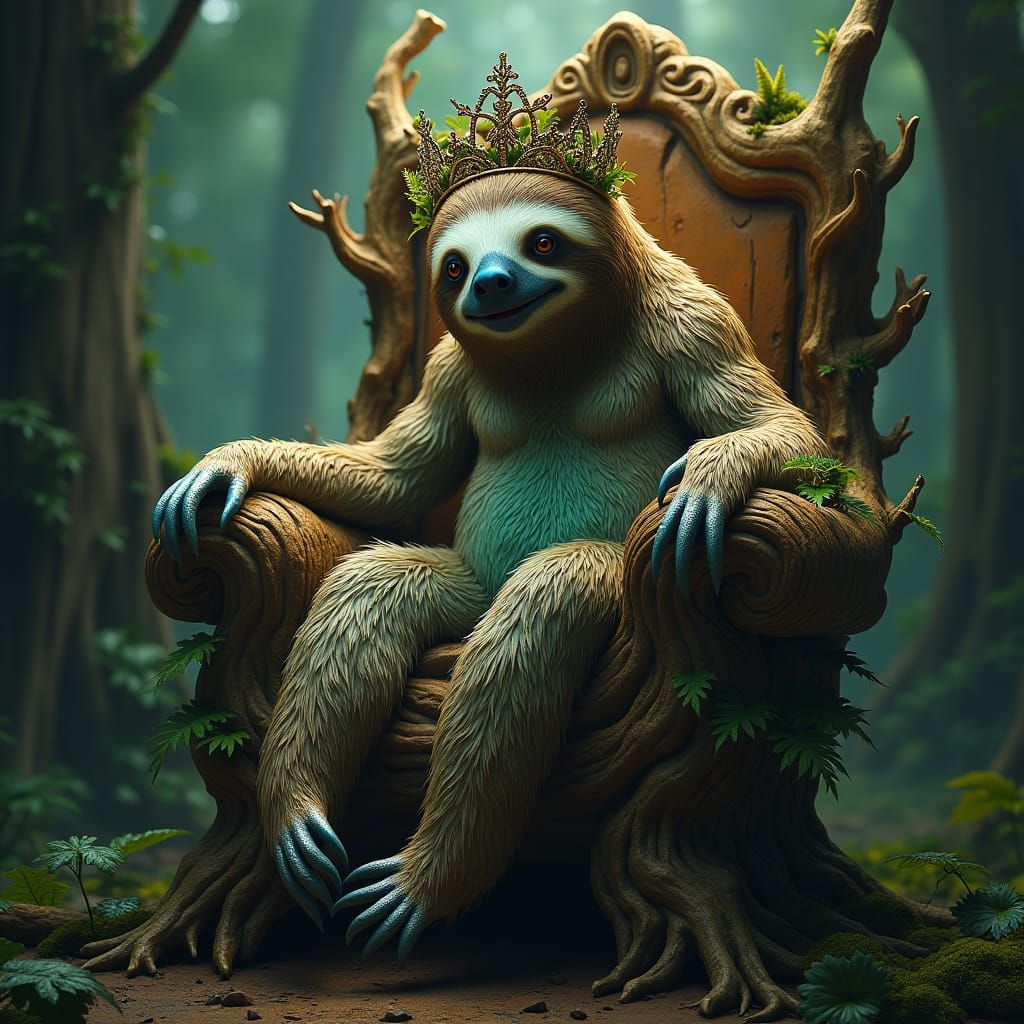 Sloth King on Forest Throne, Fantasy Matte Painting