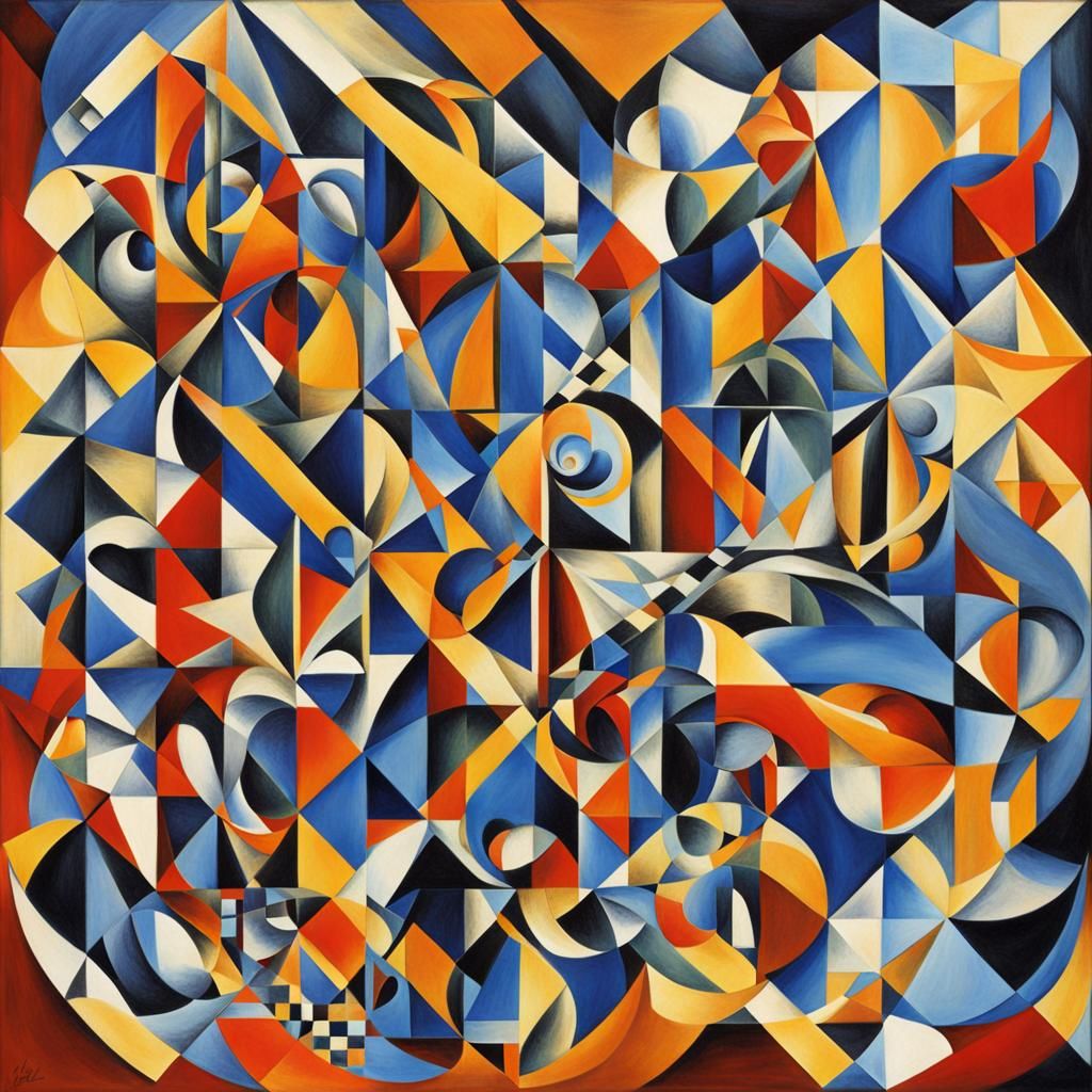 Abstract Cubism Drawing with Plaid Pattern