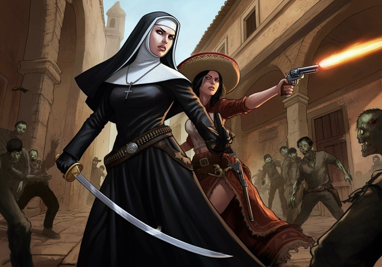 Nun and Bandit vs. Zombies in the Wild West