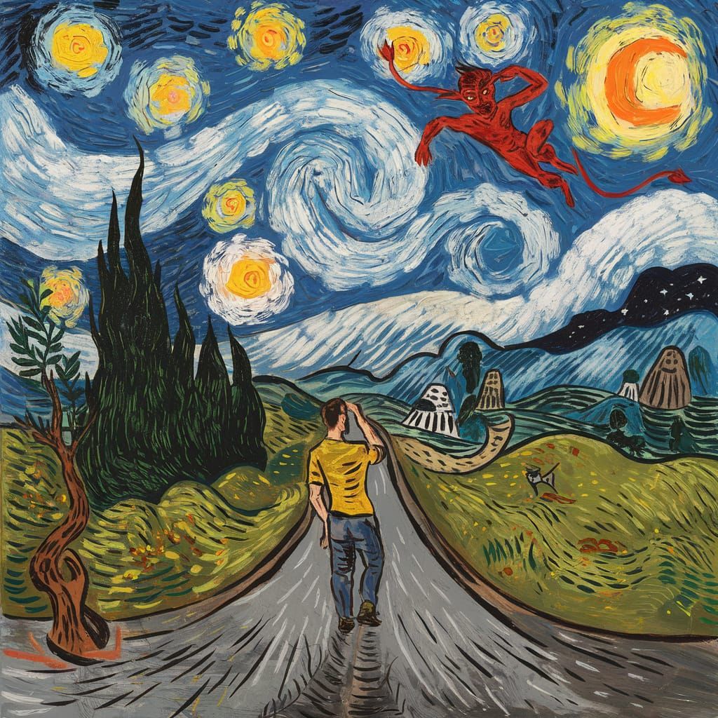 Man at Crossroads in Van Gogh Style