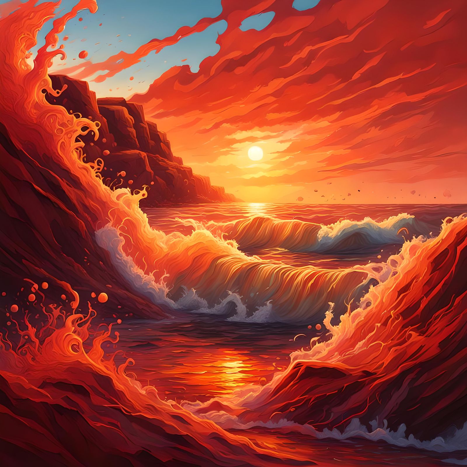 Fiery Sunset Landscape in Hyperrealistic Splash Art