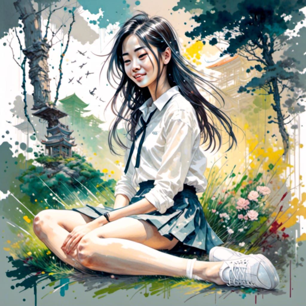 Minimalist Ink Painting of Smiling Asian Schoolgirl