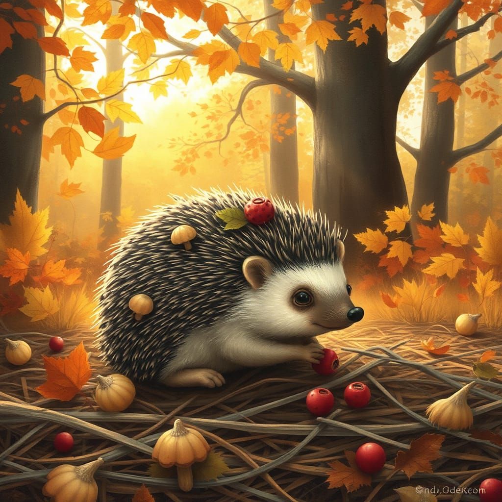 Hedgehog with Autumnal Treasures in Whimsical Style