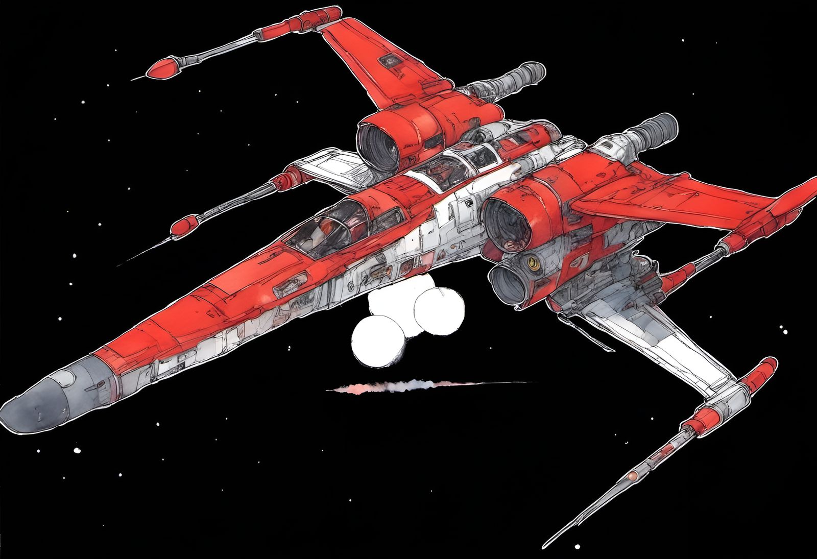 X-Wing Spaceship Over Red Moon in Watercolor