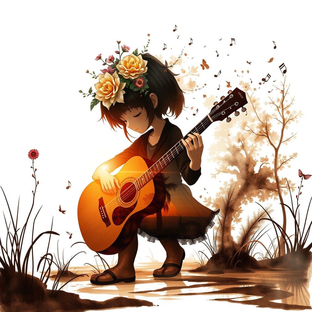 Anime Girl Amidst Swamp Flowers in Vibrant Colors