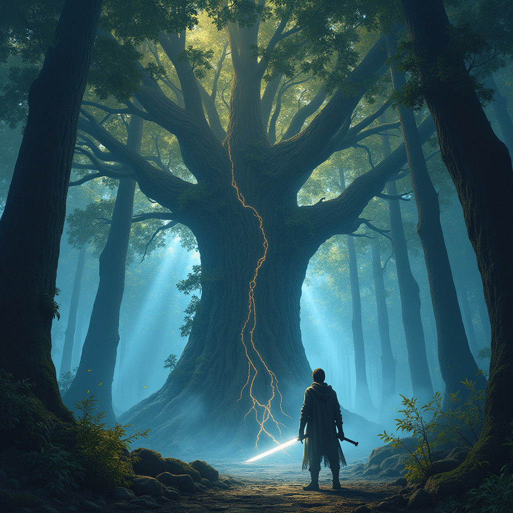 Mystical Forest with Glowing Runes and Heroic Figure