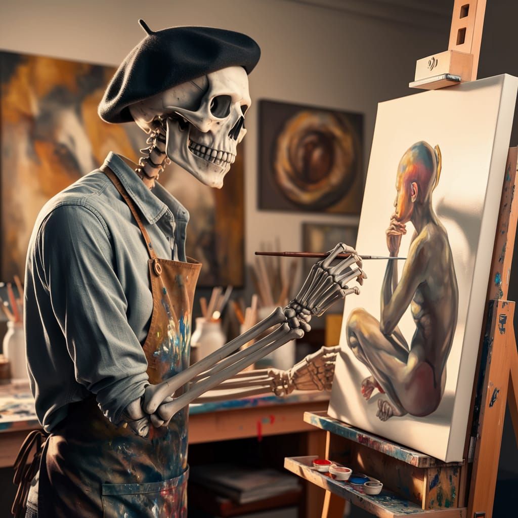 Skeleton Artist Painting a Human in Studio