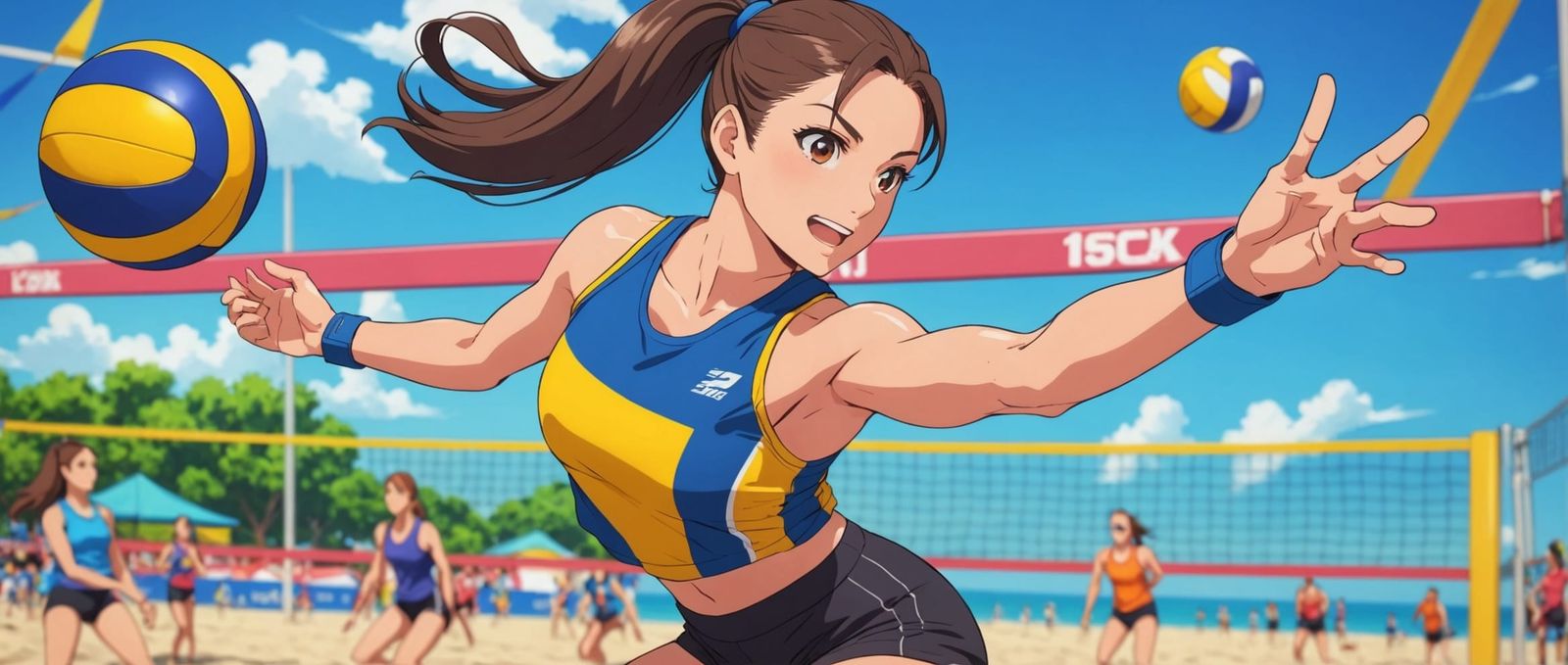 Anime Beach Volleyball Training on Sunny Day