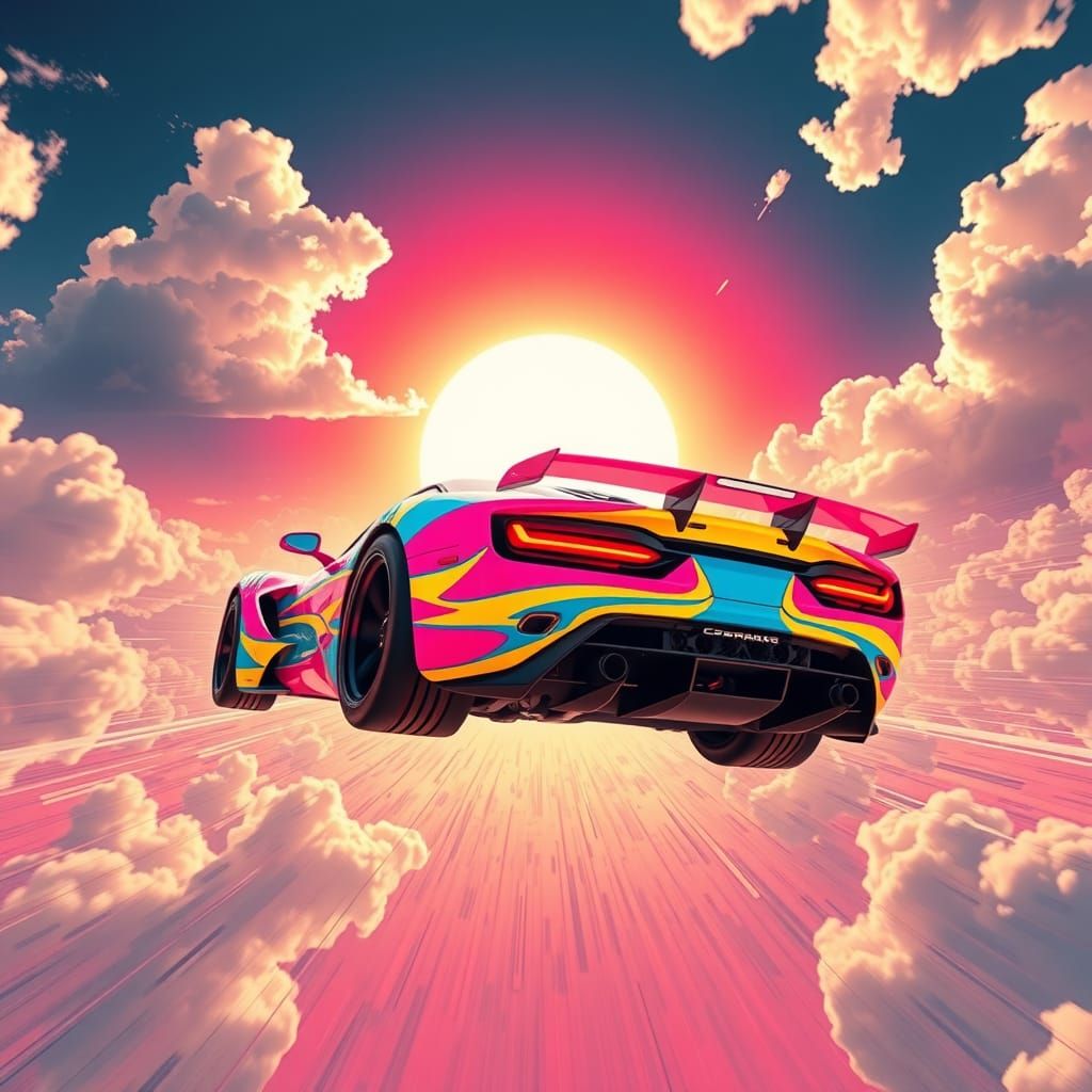 Vibrant Supercar in Inverted Sky, Hyper-Realistic Style