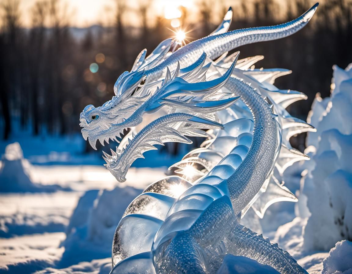 Giant Ice Dragon Sculpture in Winter Wonderland