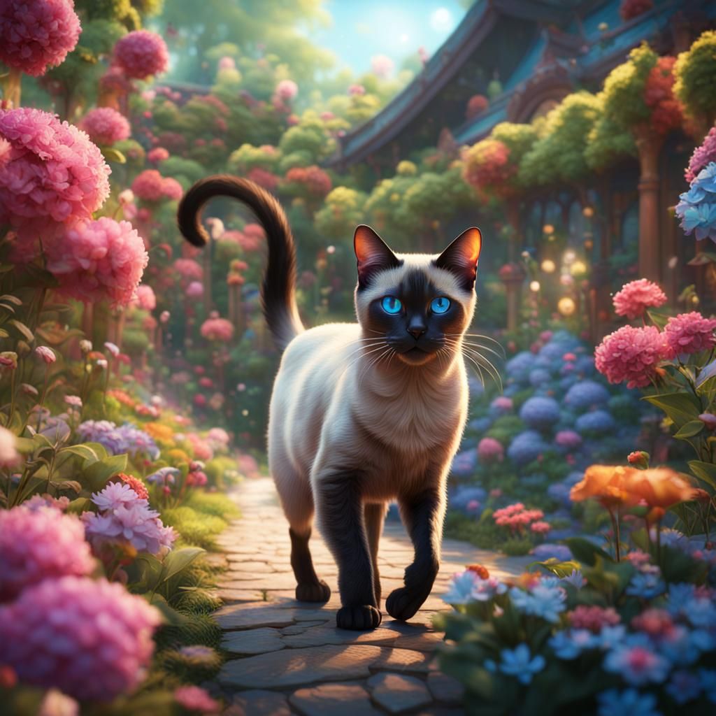 Siamese cat walking in a bright garden
