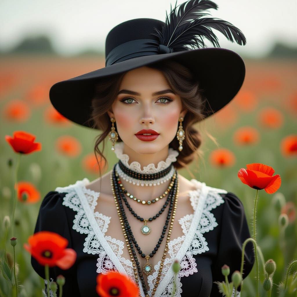 Woman in Poppy Field: Pre-Raphaelite Style