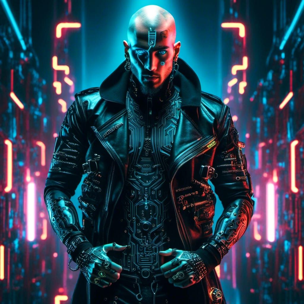 Cyberpunk Man with Tattoos in Racing Scene