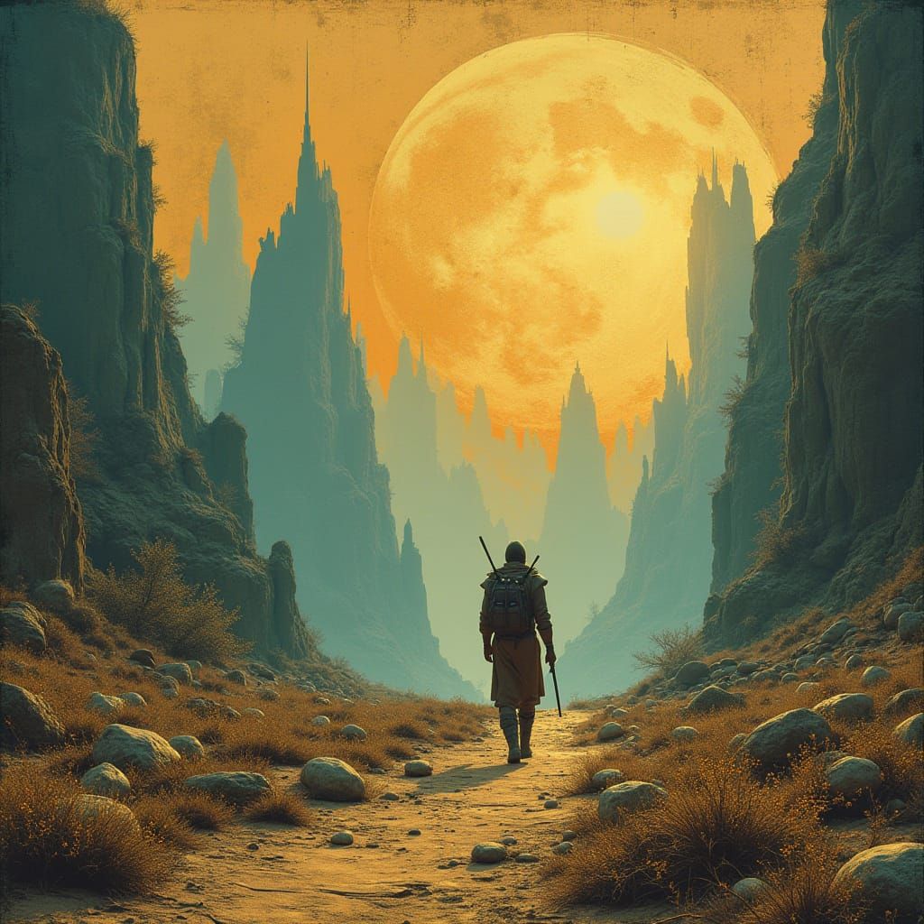 Retro-Futuristic Wanderer in a Gilded Fairytale Landscape