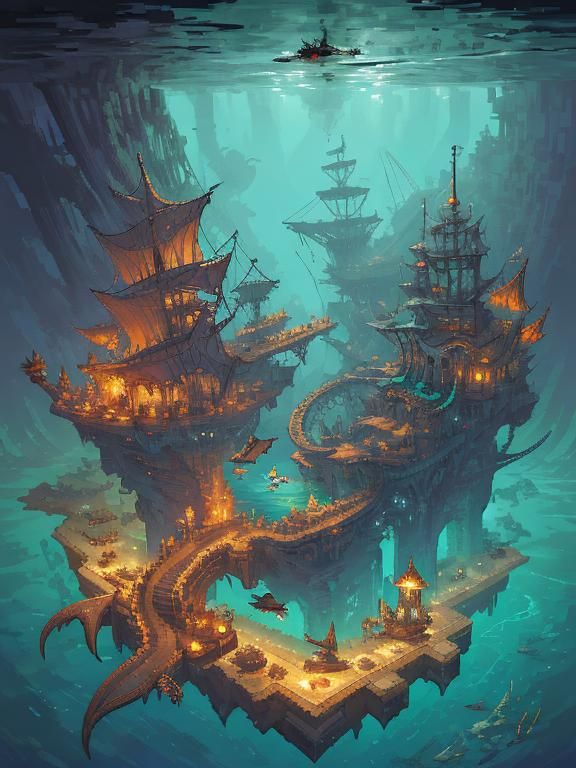 Steampunk Atlantis with Kraken in Pixel Art Style