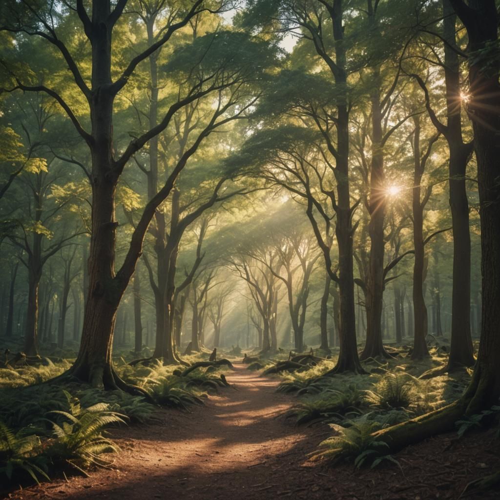 A peaceful and serene clearing in the Whispering Woods, illuminated by shafts of golden sunlight filtering through the c...