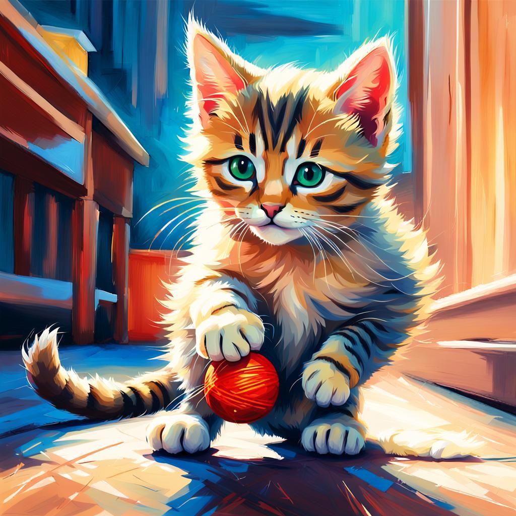 Kitten Plays with String: Whimsical Impressionism