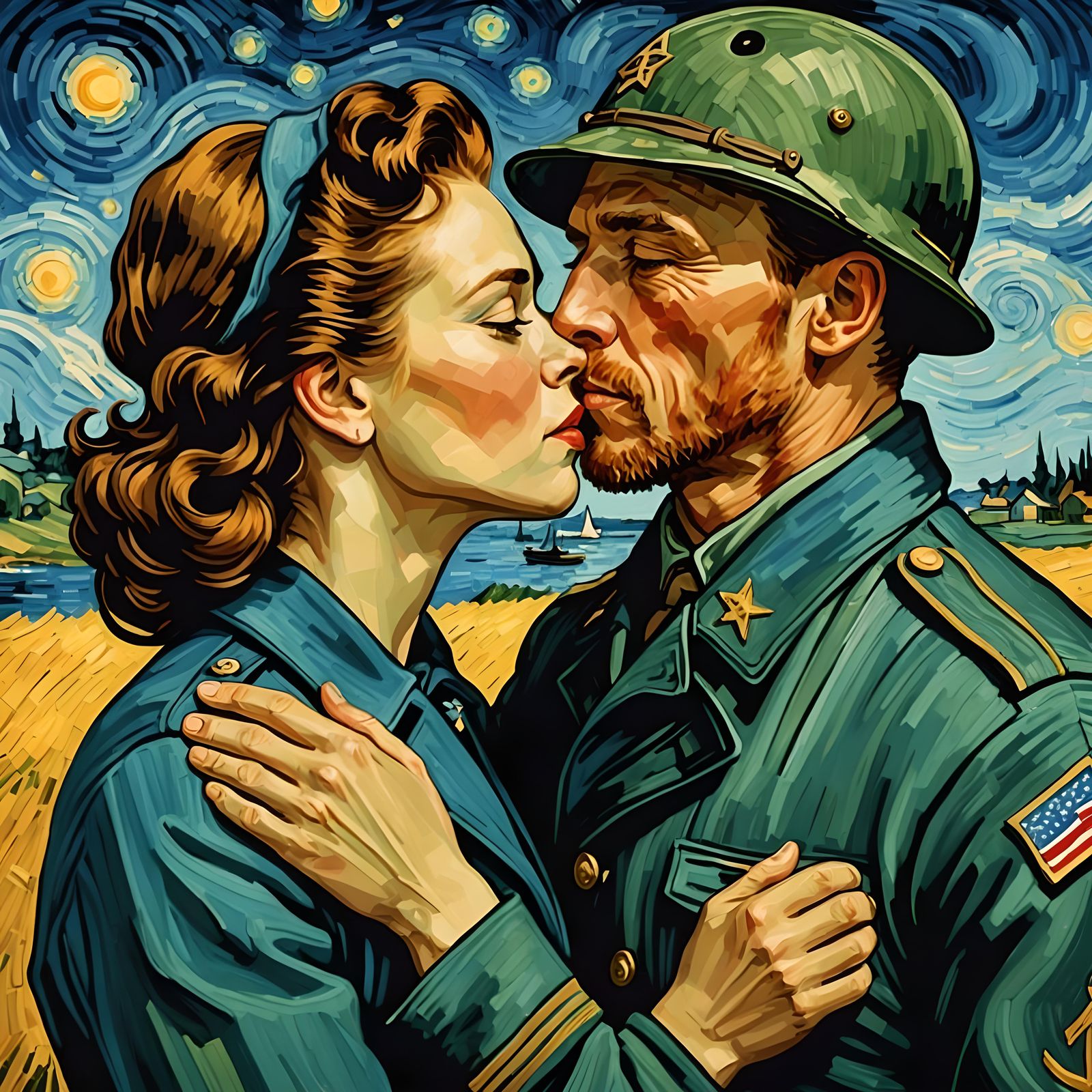 Emotional Goodbye: WW2 Soldier in Van Gogh Style