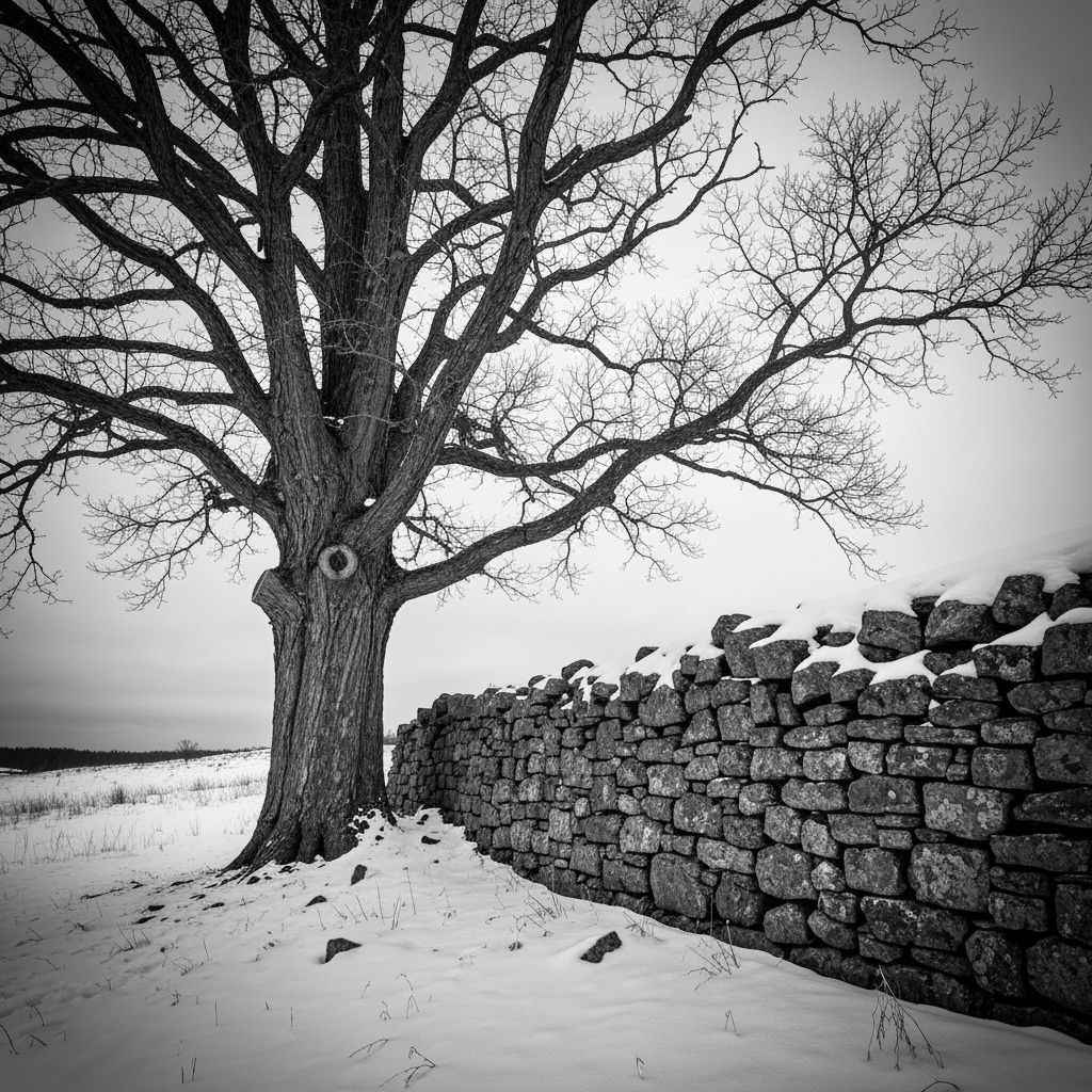 Ancient Gnarled Tree in Snowy Landscape