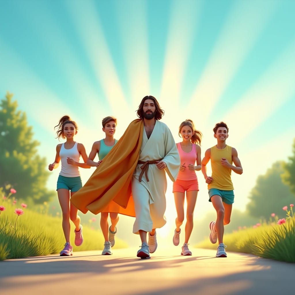 Caricature Jesus Embarks on Fun Run with Young Friends in Mo...