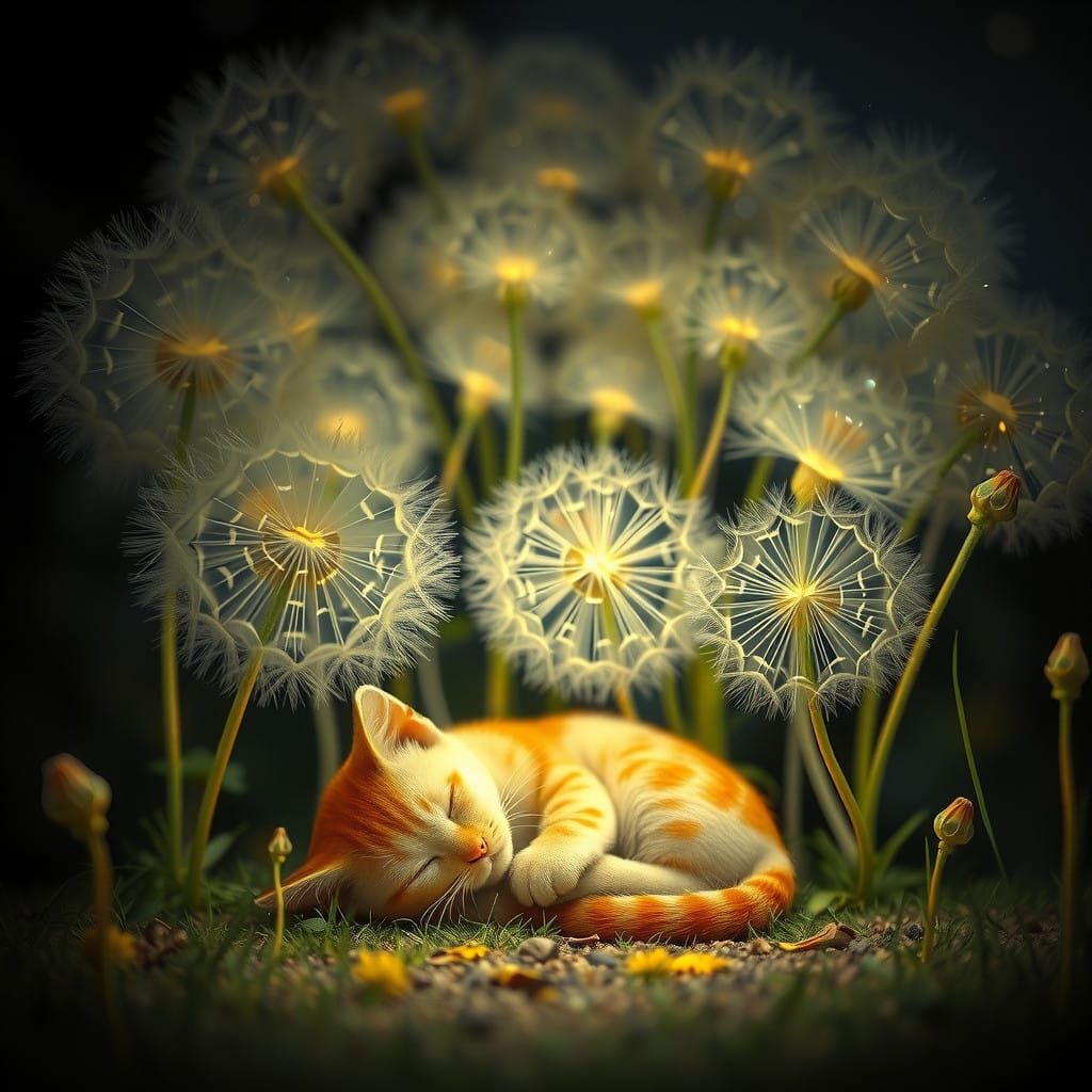 Whimsical Rusty-Spotted Cat Under Majestic Rainbow Dandelion...