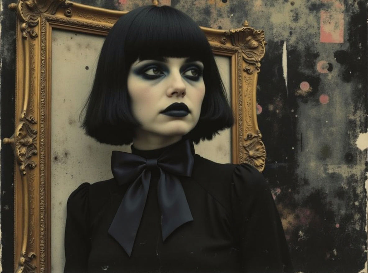 Goth Girl Portrait in Gilded Frame with Atmospheric Collage
