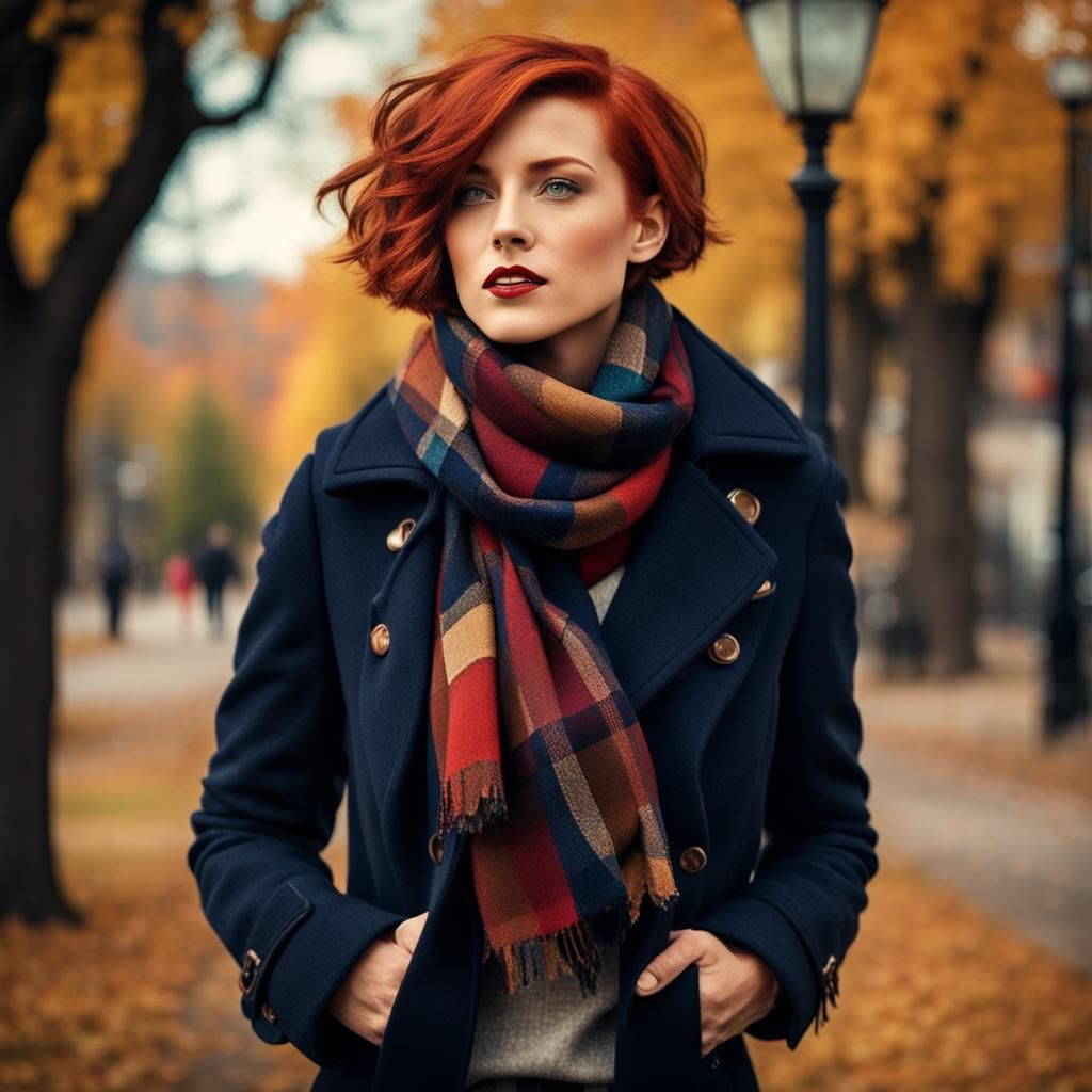 Autumn Beauty with Red Hair in Retro Town