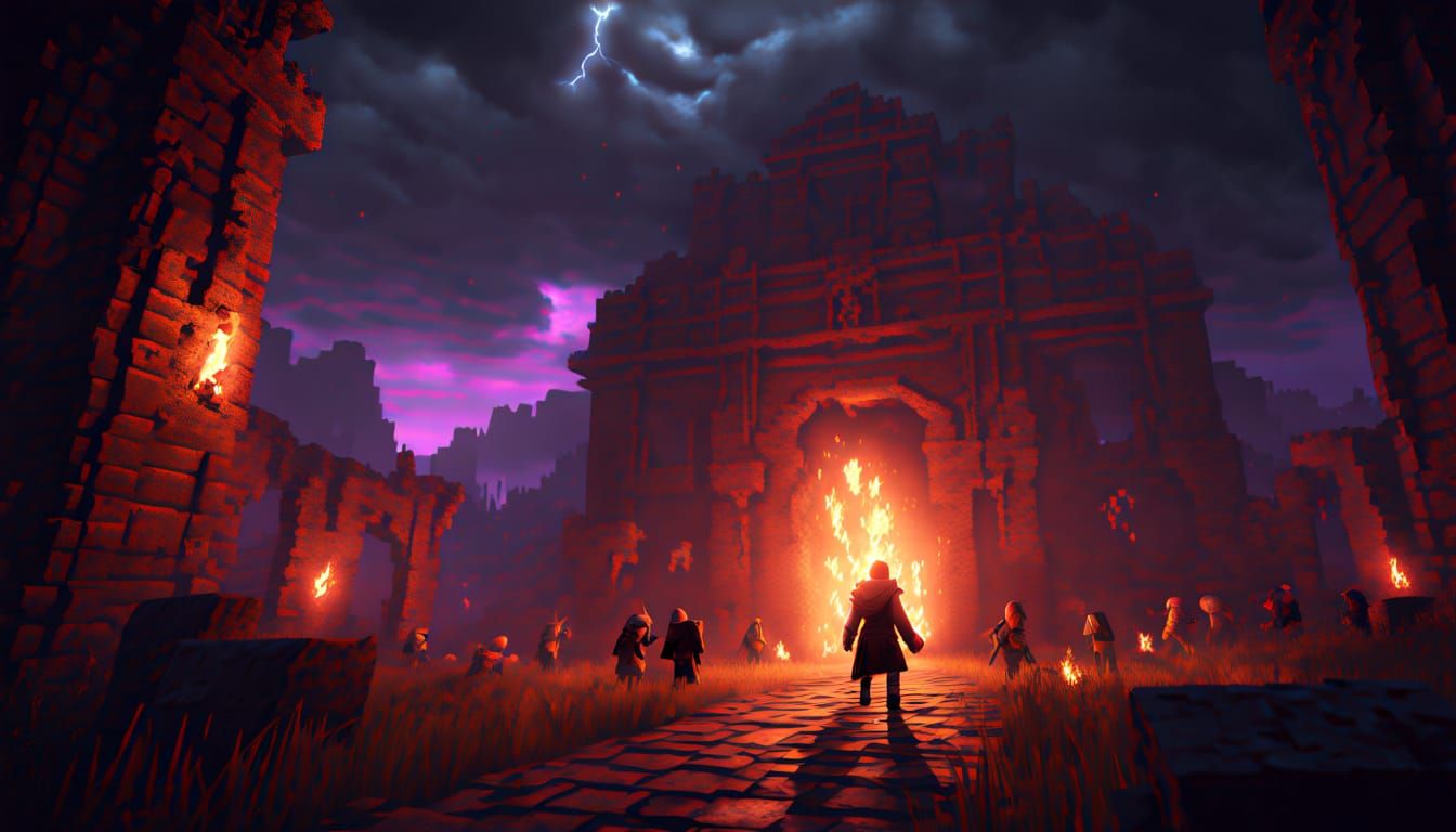 An ultra-photorealistic, cinematic dark fantasy masterpiece set in a Minecraft village enhanced with Optifine hyper-real...