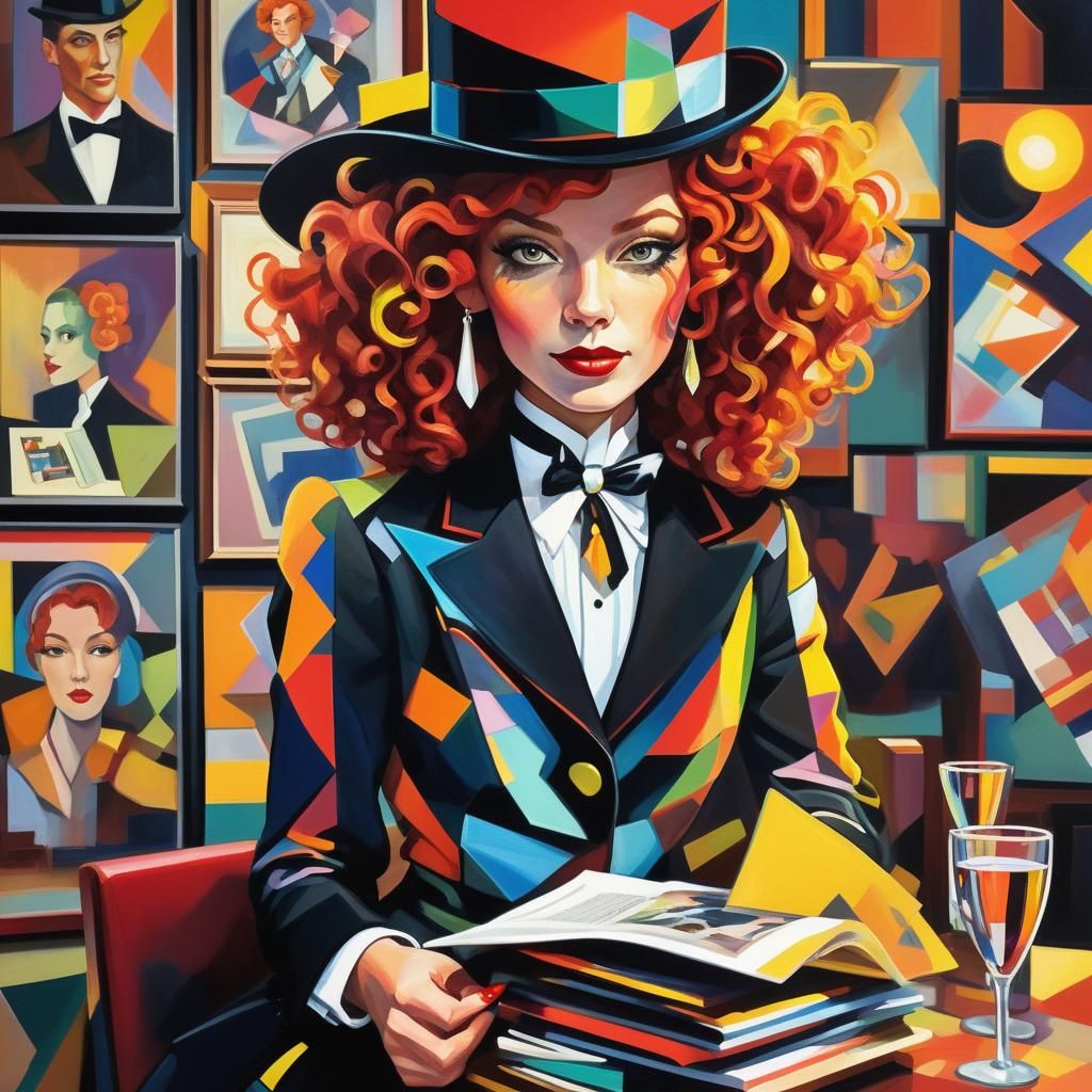 Cubist Woman with Red Hair in Art Deco Style