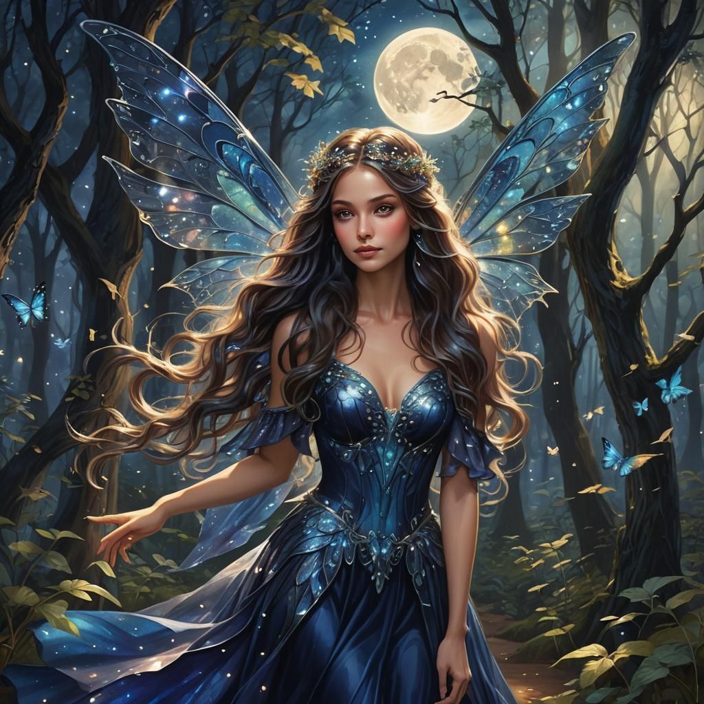 Iridescent Fairy in Moonlit Forest: Dark Fantasy Art