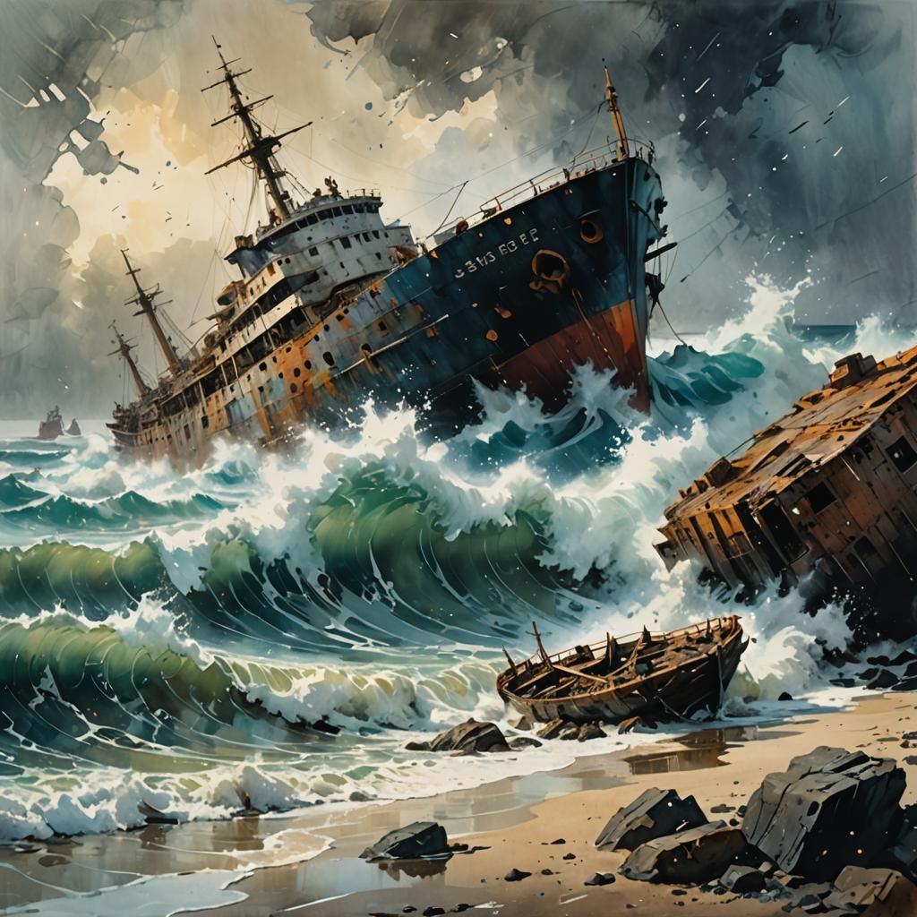 Shipwreck on Rocky Shore in Watercolor Style