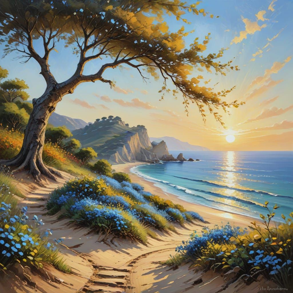 Idyllic Cove with Sandy Path: An Impressionist Impasto Paint...