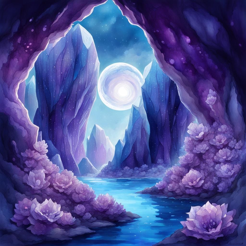 Magical Crystal Caves with Luminous Flowers Digital Art