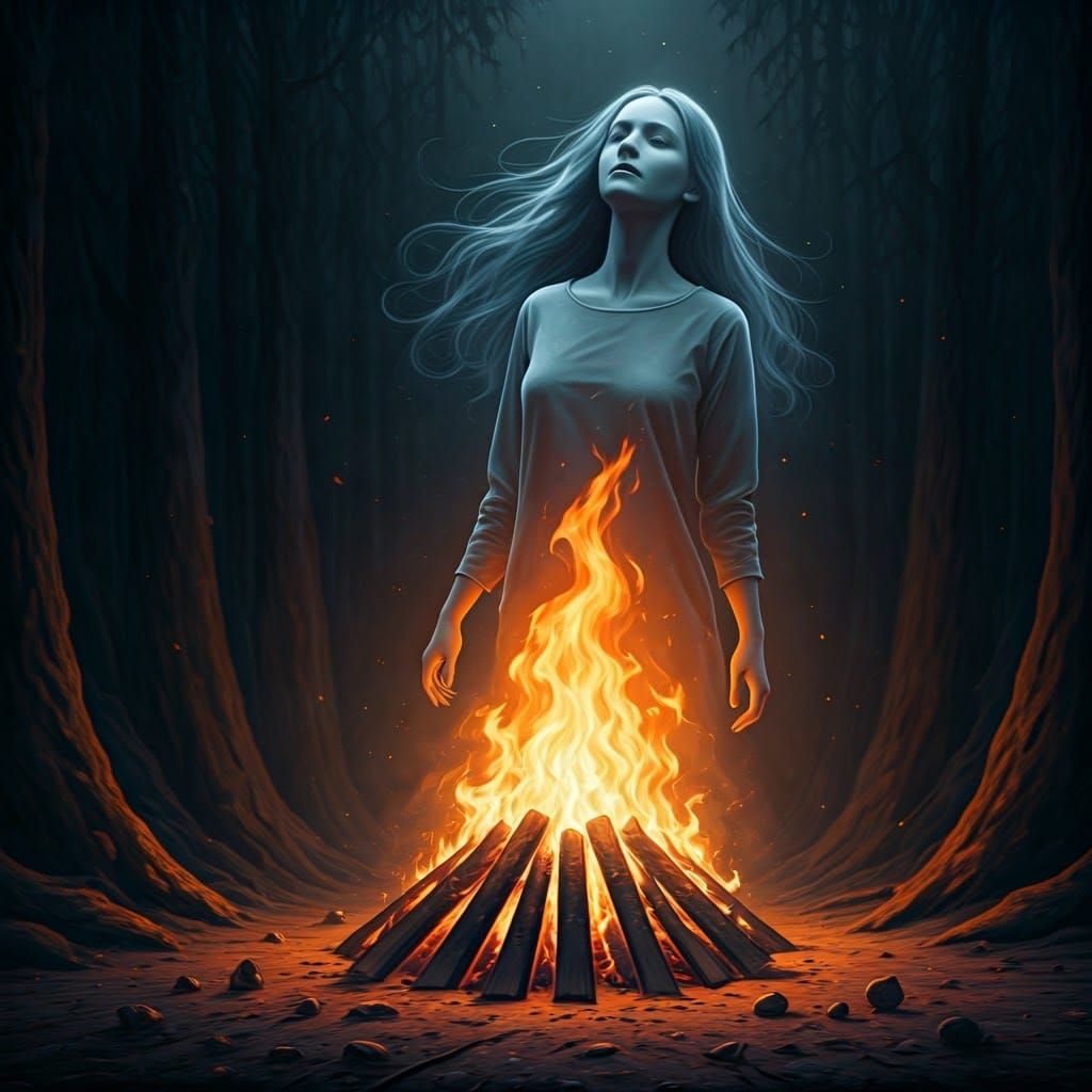 Ethereal Woman Emerges from Bonfire Smoke