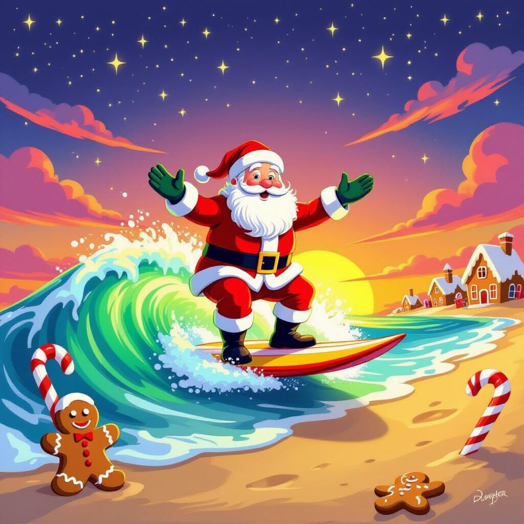 Santa Claus Surfing a Neon Wave on a Candy Cane Beach