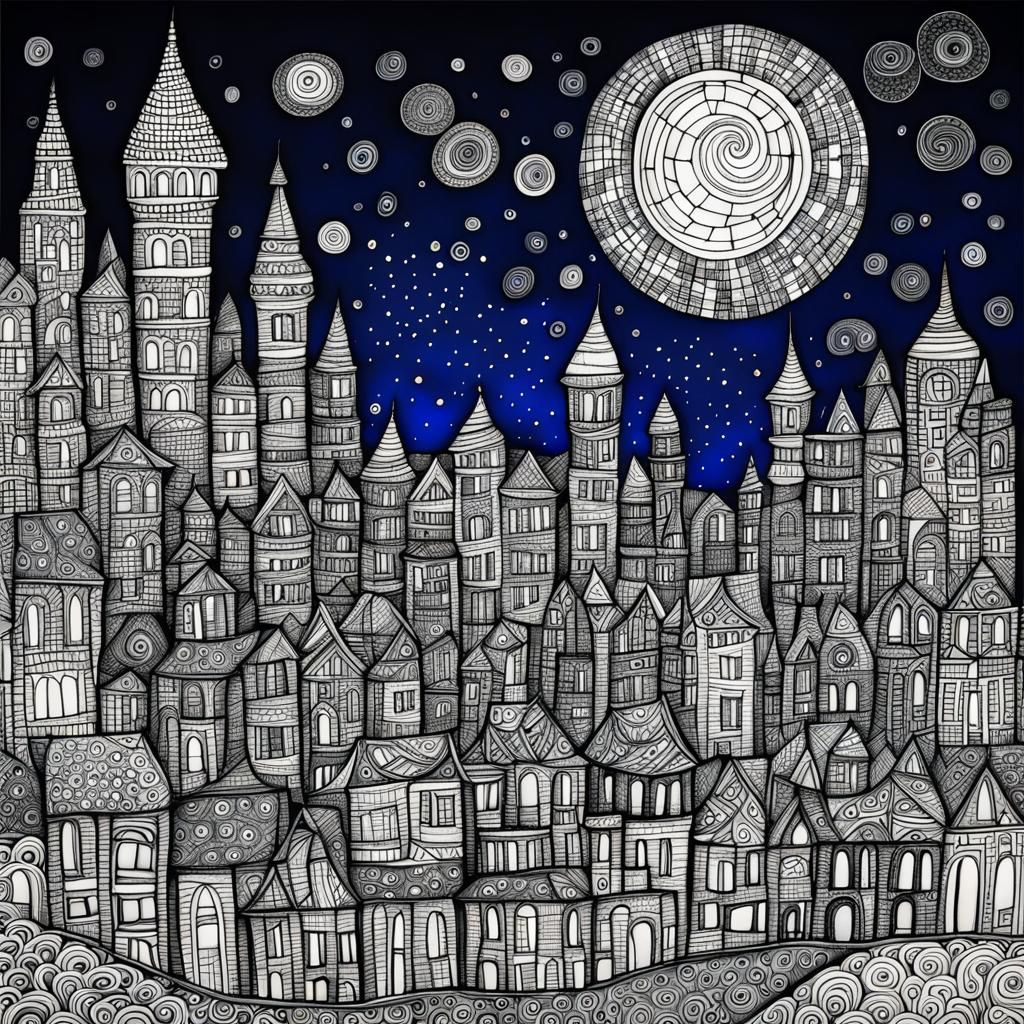 Vibrant Cityscape at Night in Fractal Zentangle Style