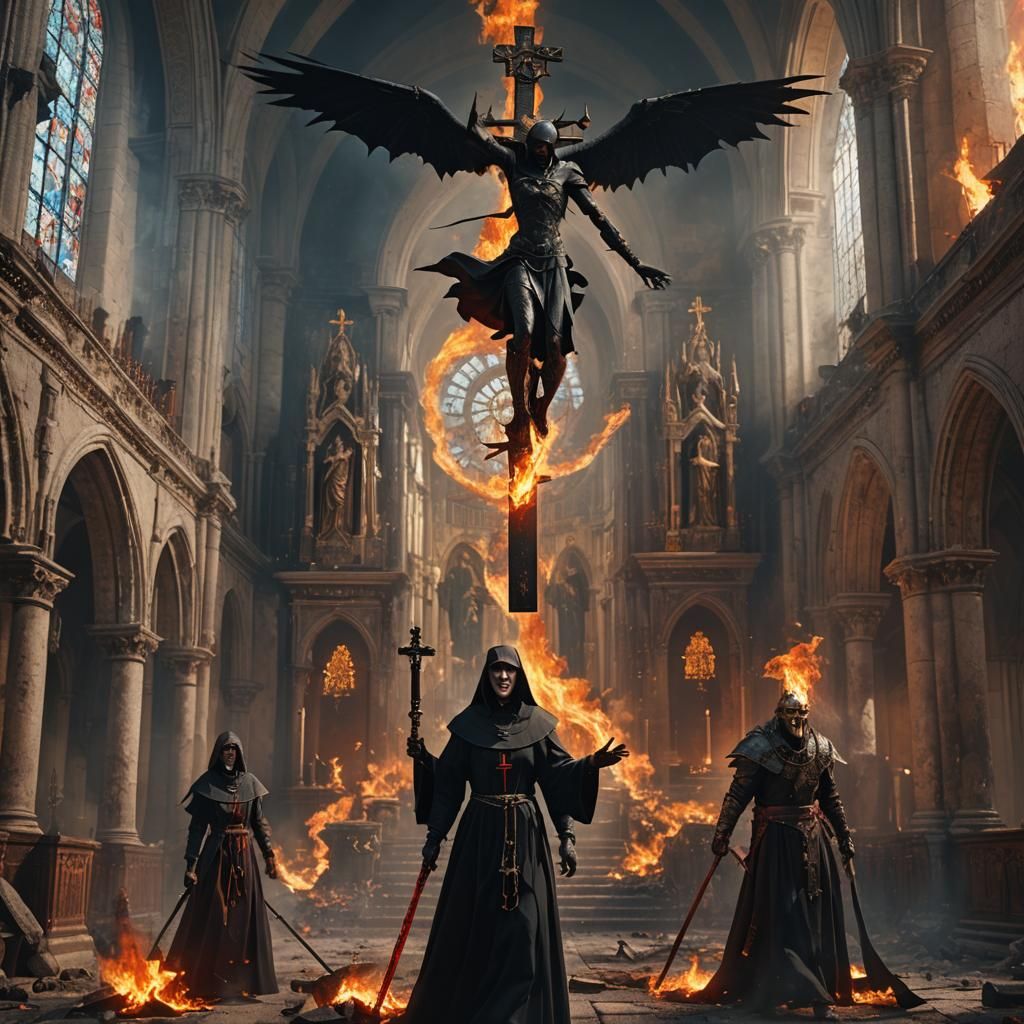 Epic Battle: Winged Nun vs Devil in Burning Church