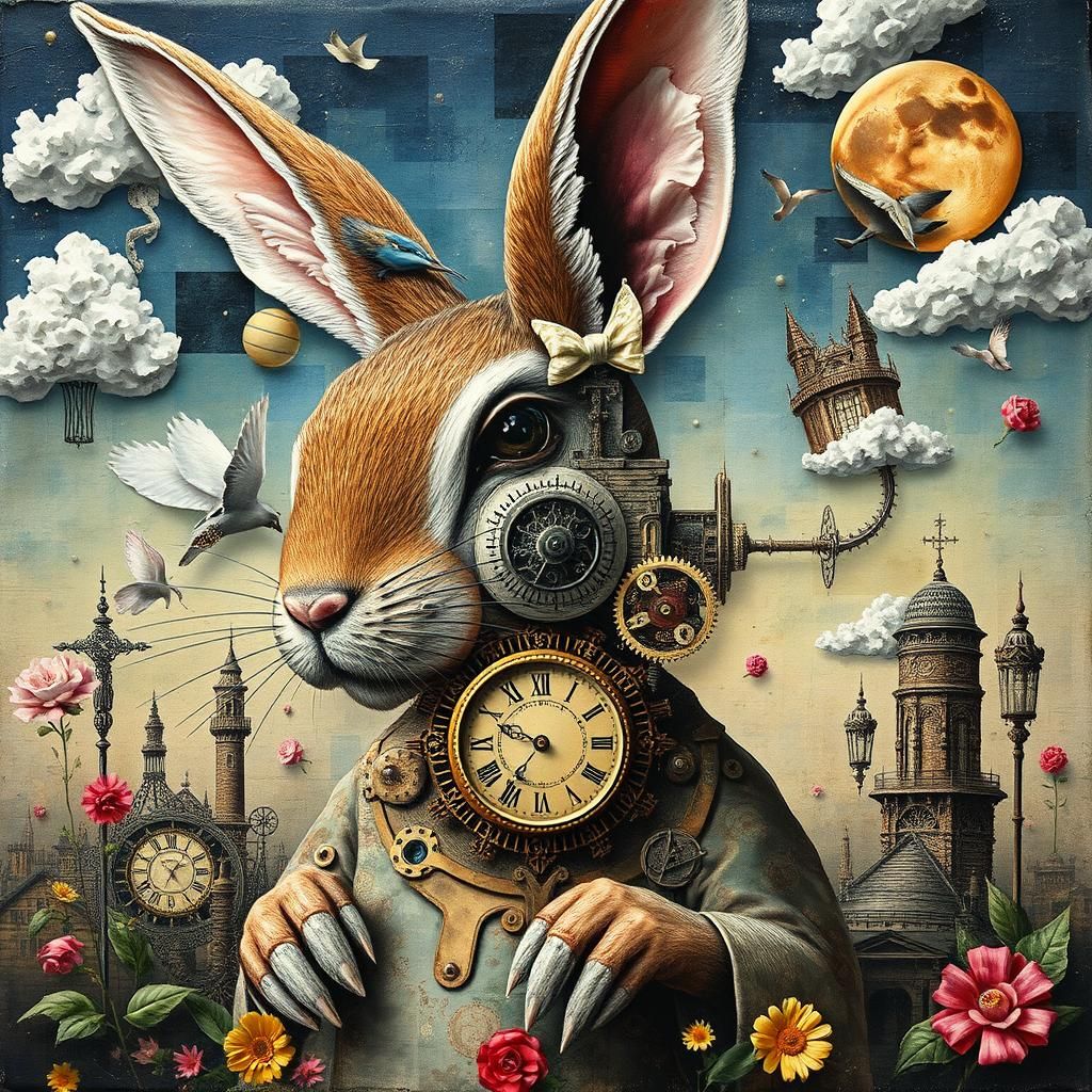 Surreal Clockwork Rabbit: Intricate Sci-Fi Collage