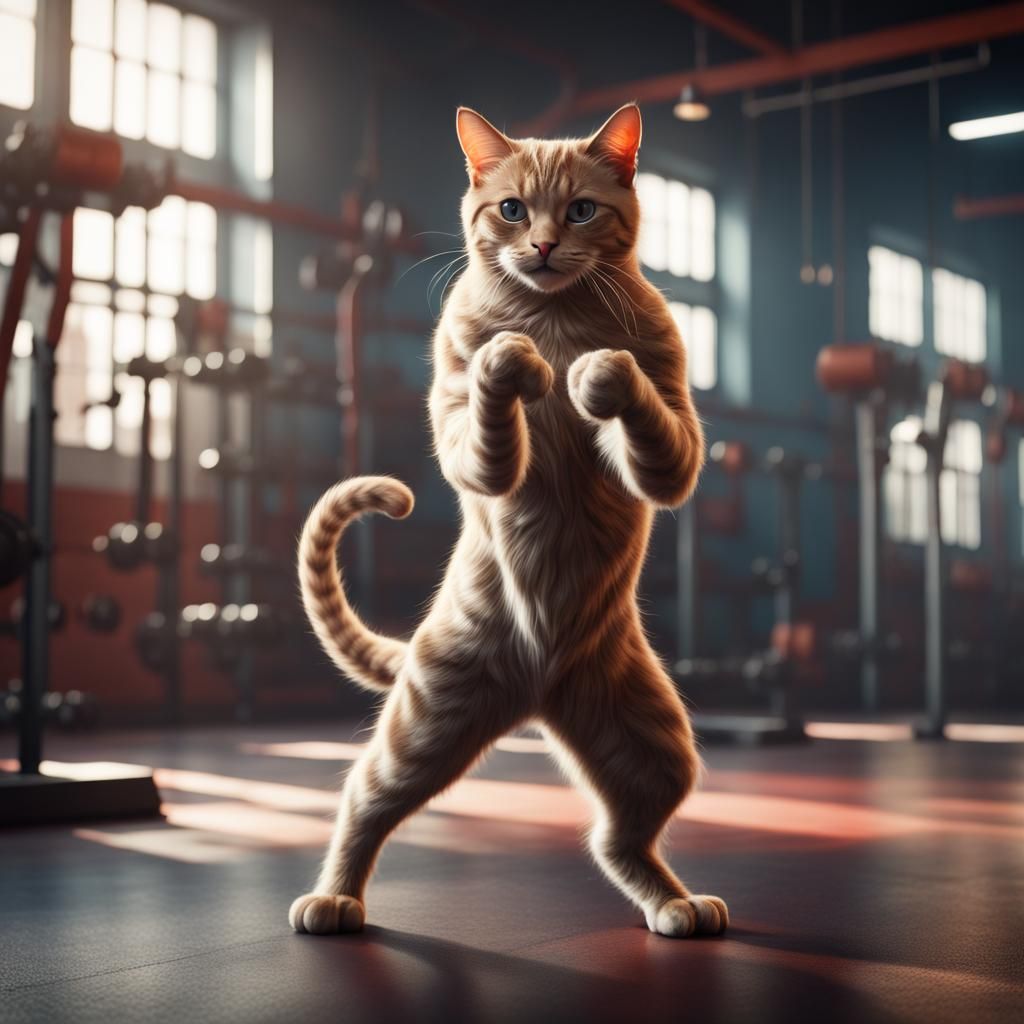 Cat Flexing Biceps in Gym: Detailed Fantasy Art