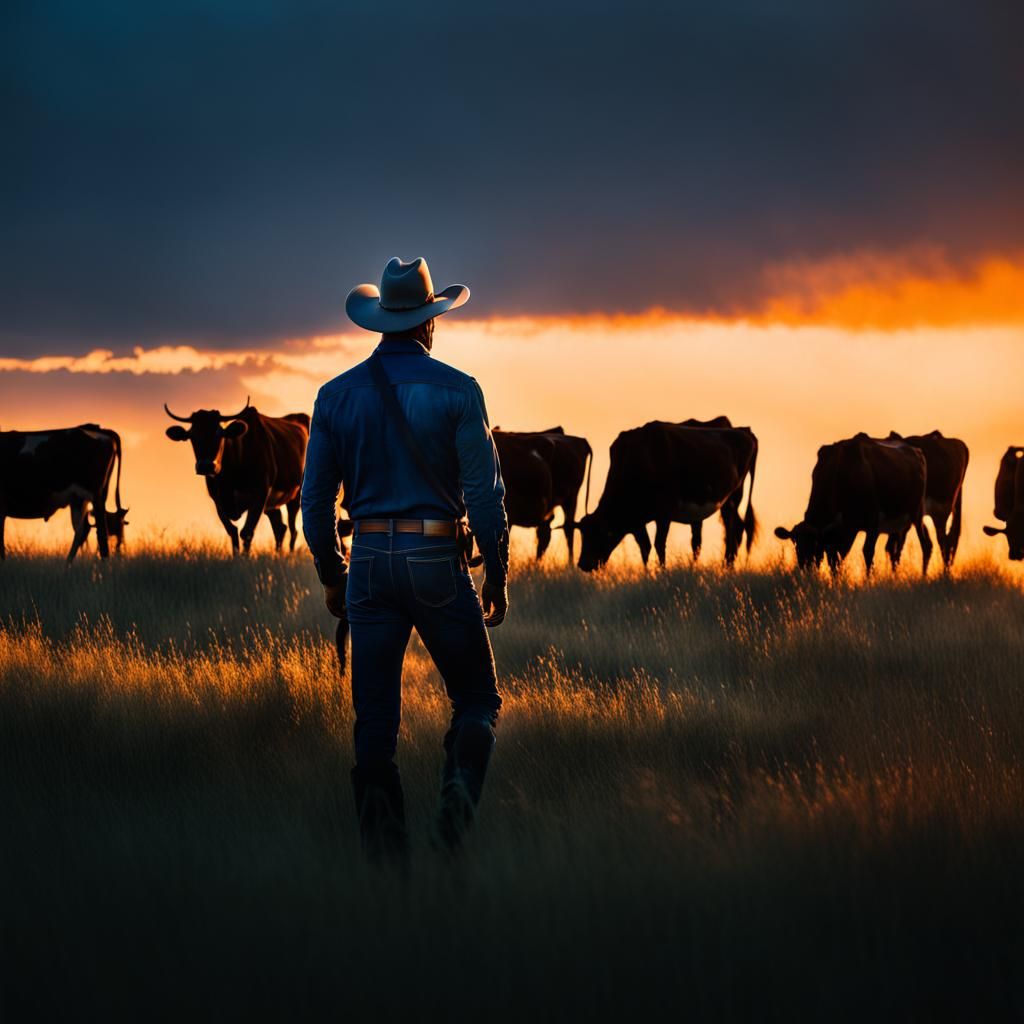 Cowboy Silhouette Double Exposure: Prairie Sunset