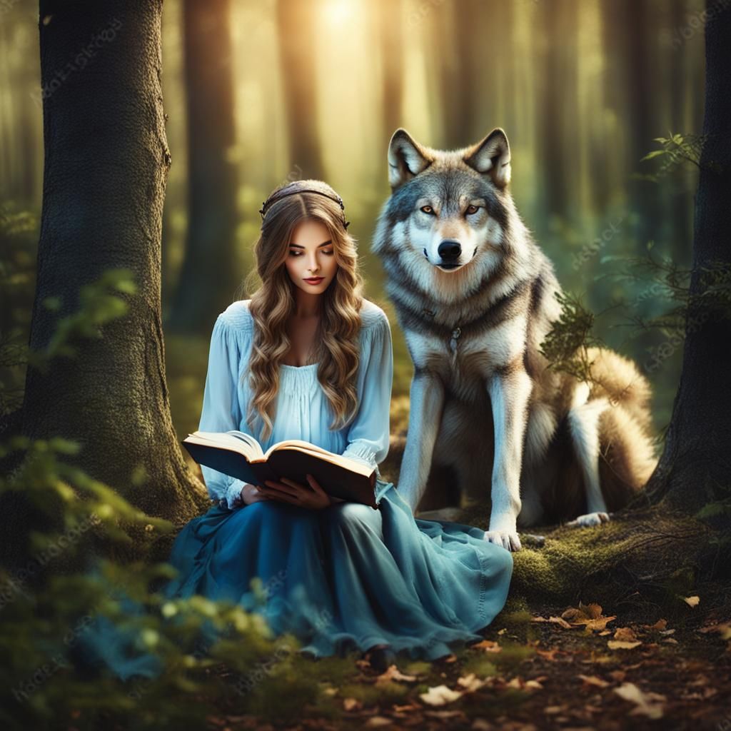 Woman Reading with Wolf in Enchanted Forest