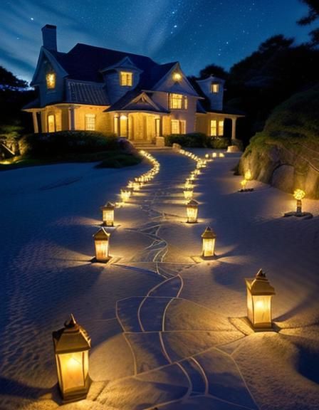 Stone Walkway to Beach House with Moonlit Luminaries