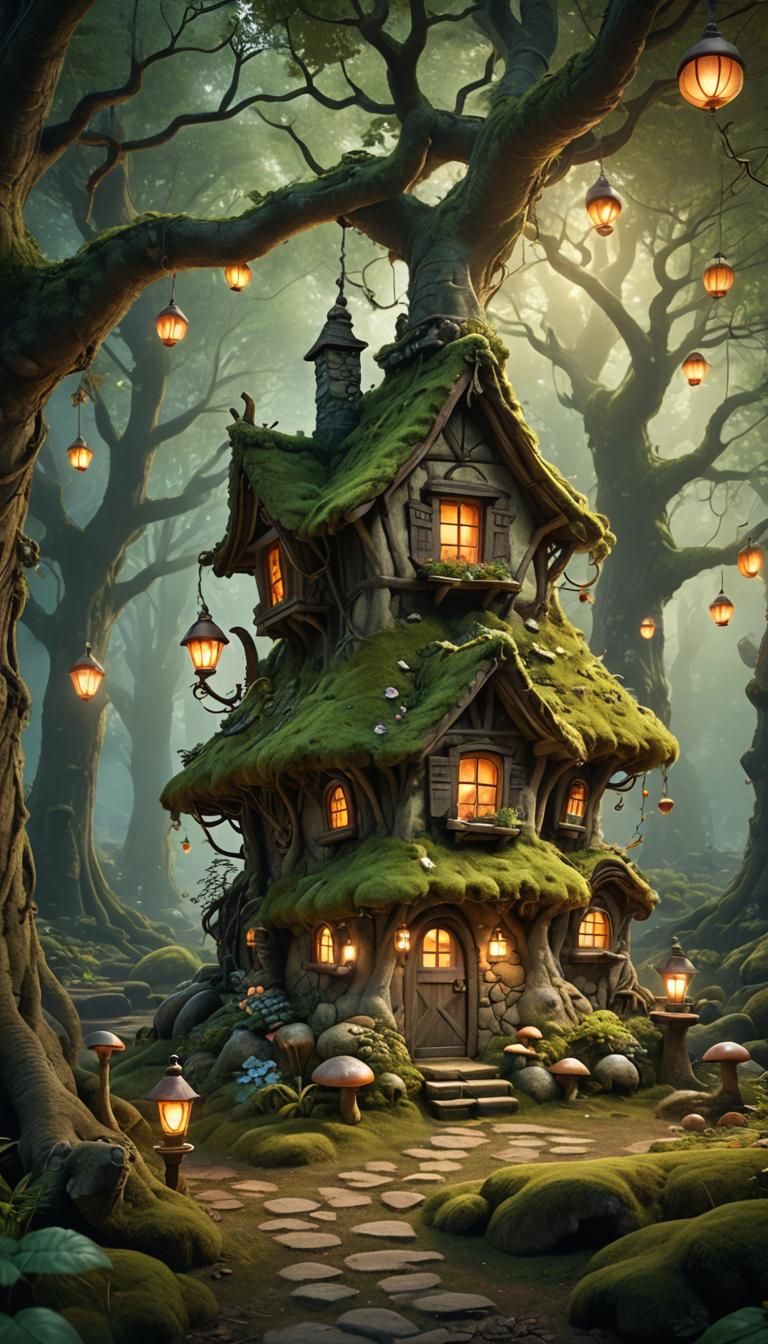 Enchanted Forest Cottage in Matte Painting Style