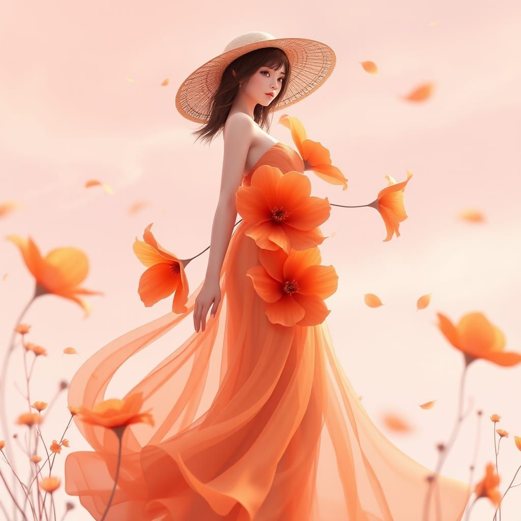 Elegant Woman in Orange Sky Dress, Anime Art