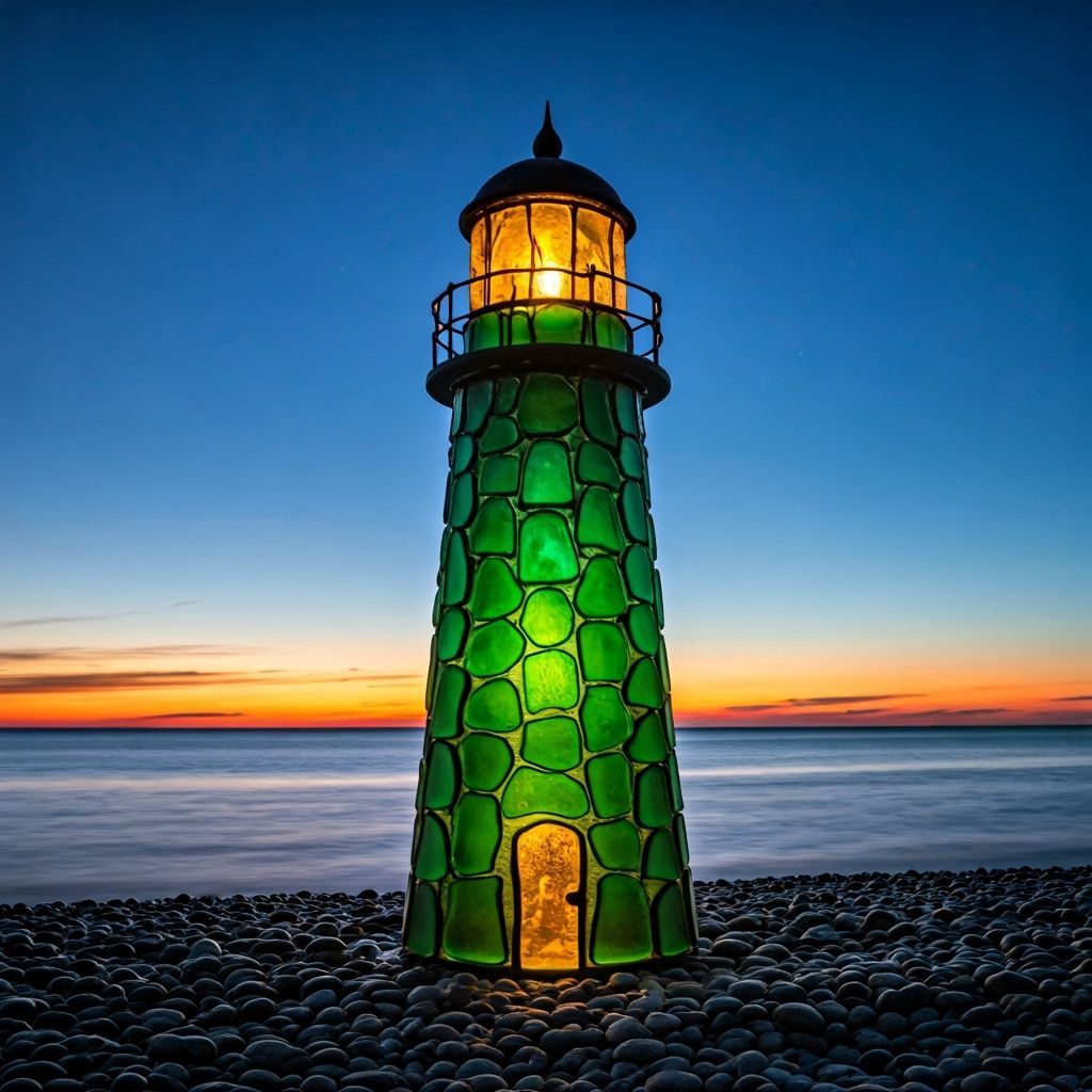 Sea Glass Lighthouse Casting Warm Glow on Calm Sea