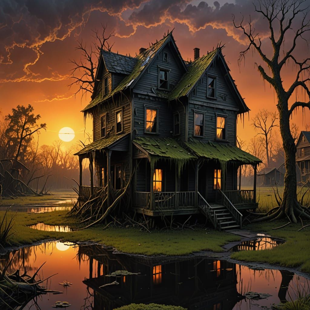 Eerie Swampside Abode in Psychedelic Horror Style